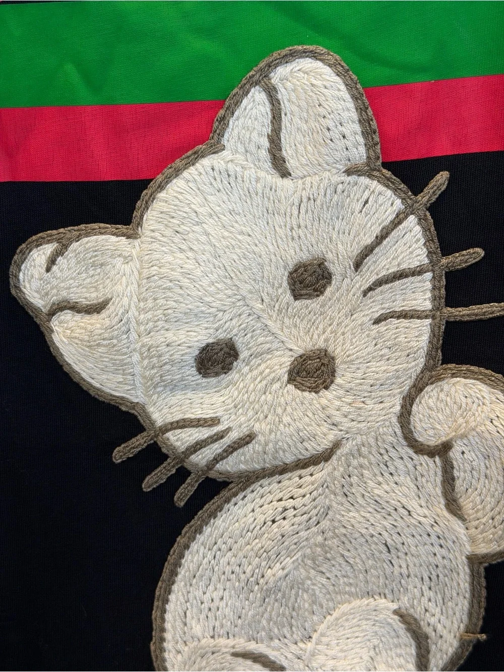 Gucci Black Tee with Cream Cat Patch and Green-Red Logo
